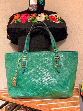 Lauren Ralph Lauren Green leather Woven Tote Bag